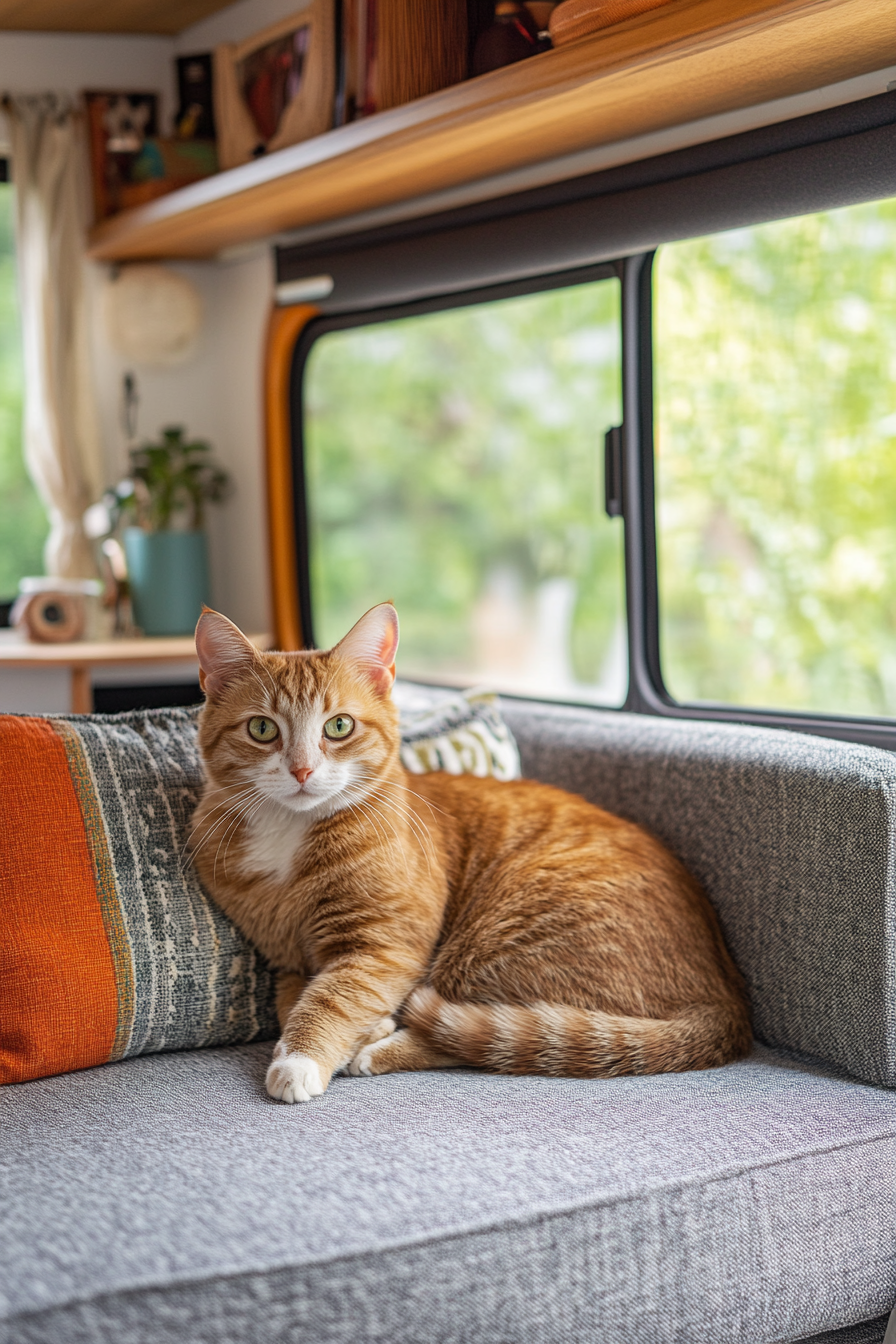 Camper lounge. Scratch-proof sofa in mid-century style with towering cat perch attached.