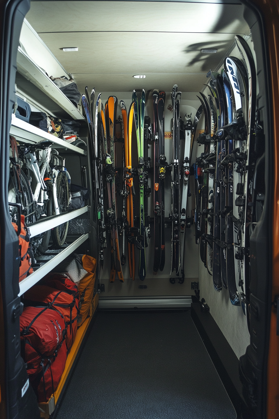 Adventure Van Storage Space. Suspended drying area with weatherproof vehicle ski racks and attached bike mounts.