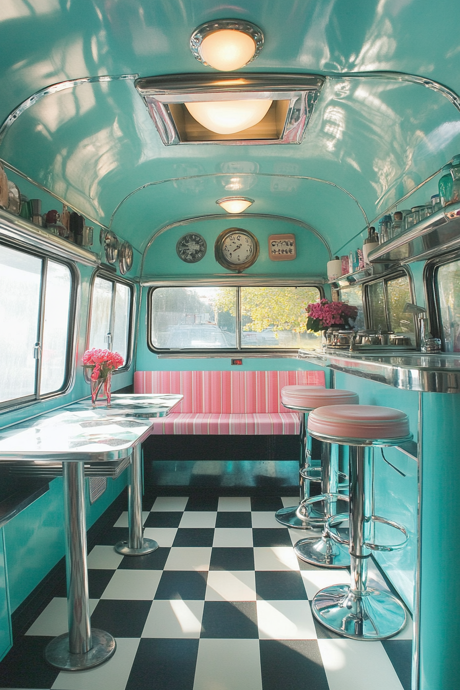 Retro-style camper dining space. Checkerboard floor, turquoise wall, chrome bar stools.