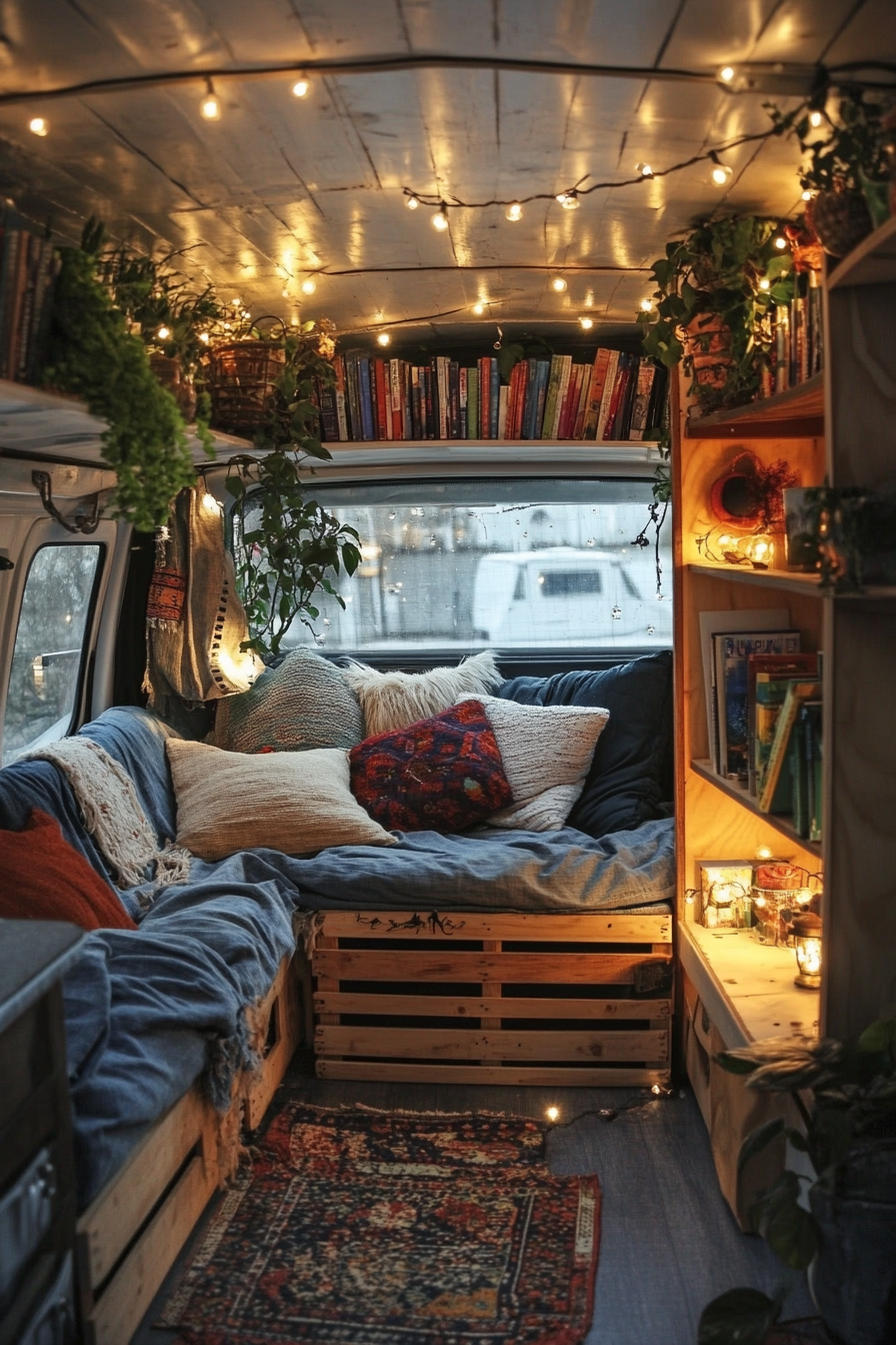 Eco-friendly van reading corner. Hanging fairy lights, recycled denim cushions, wooden crate bookshelf.