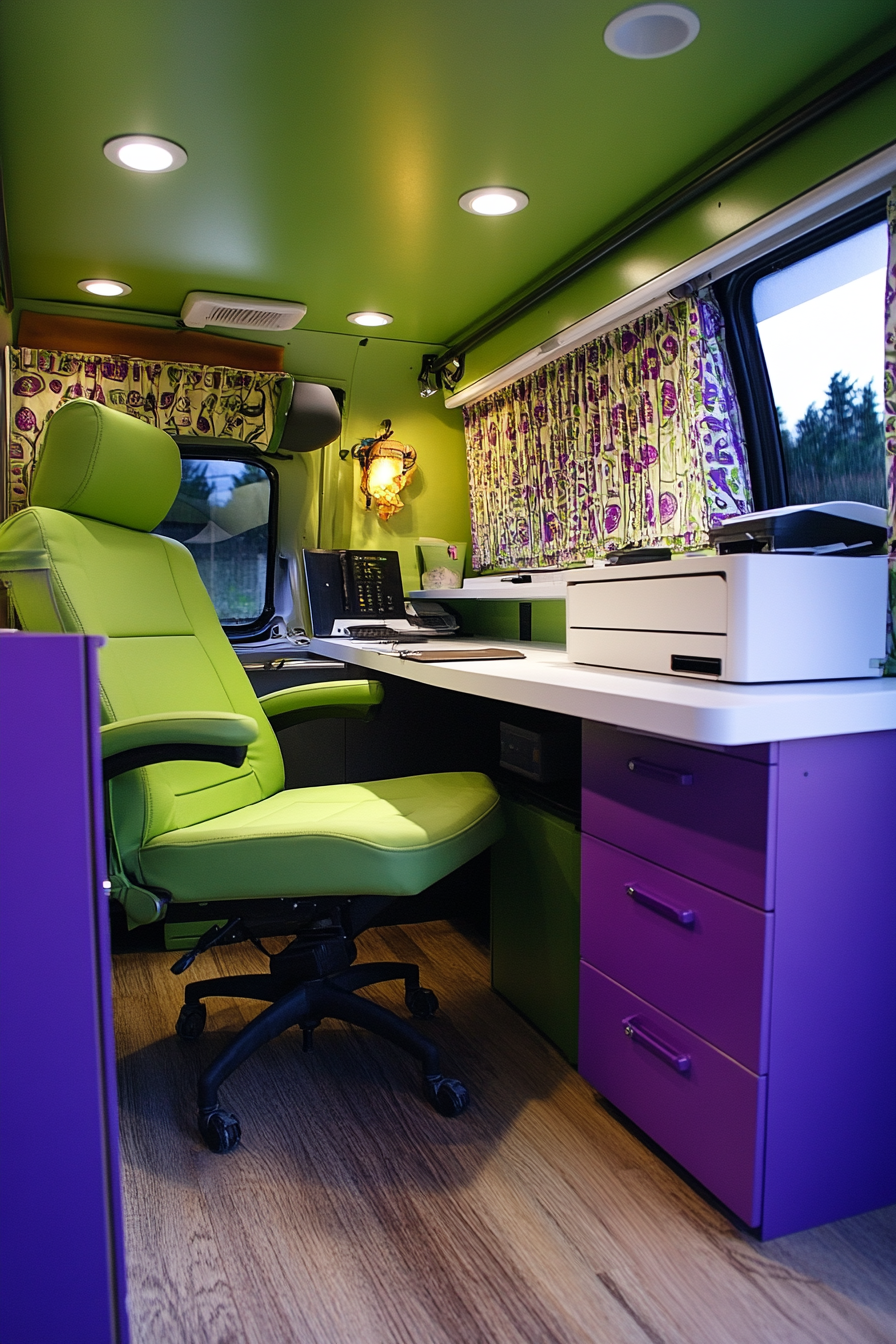 Convertible van office suite. Purple paint, white murphy desk, green swivel seating, concealed printer.