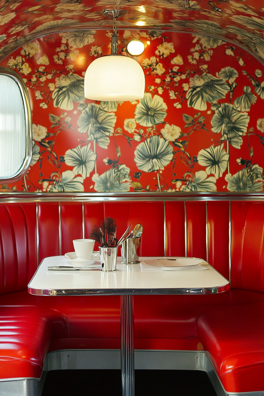 Dining nook design. Red vinyl Airstream booth with chrome finishes and Formica table.