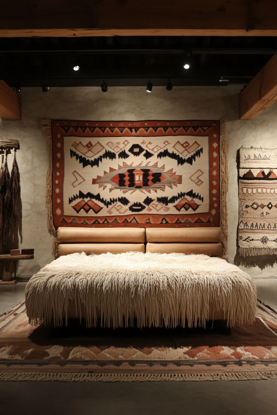 Van bedroom. A fringed, sand-colored leather poof beneath a terre cotta Navajo wall tapestry.