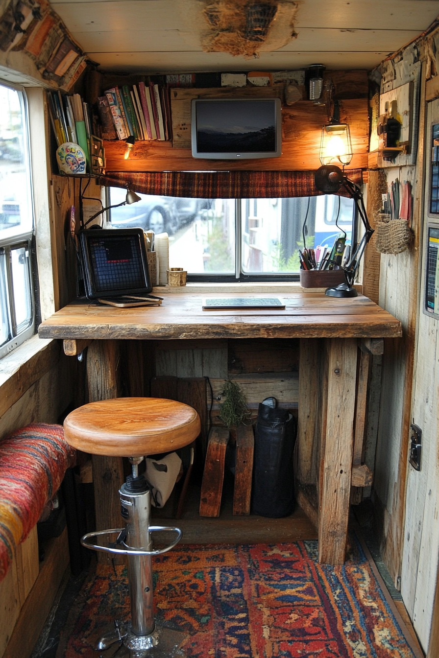 Sprinter van office. Salvaged wood standing desk with hemp upholster, solar-powered lamp.