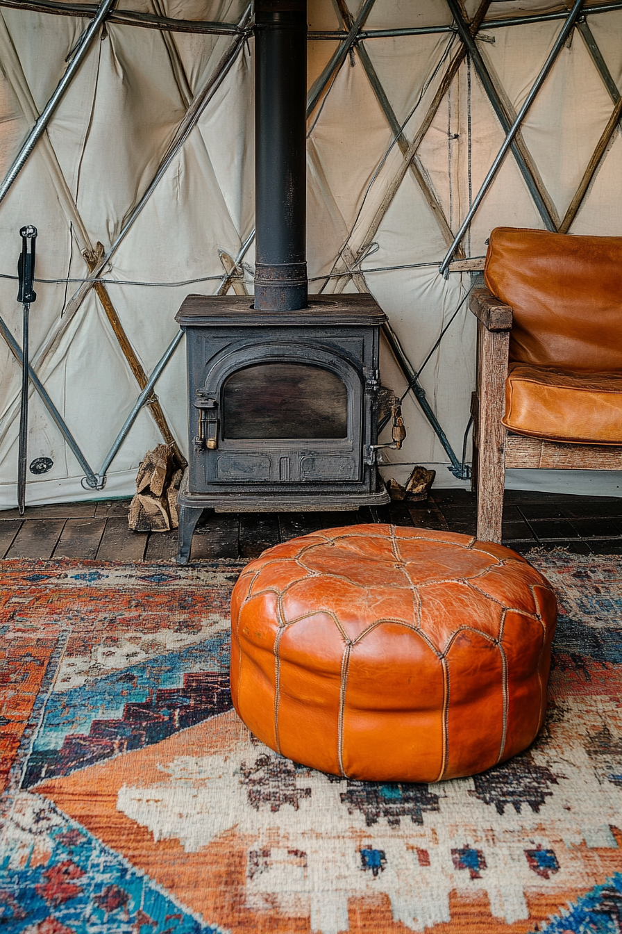 Rustic-style yurt living space. Wood stove adjacent to orange leather pouf on tribal rug.