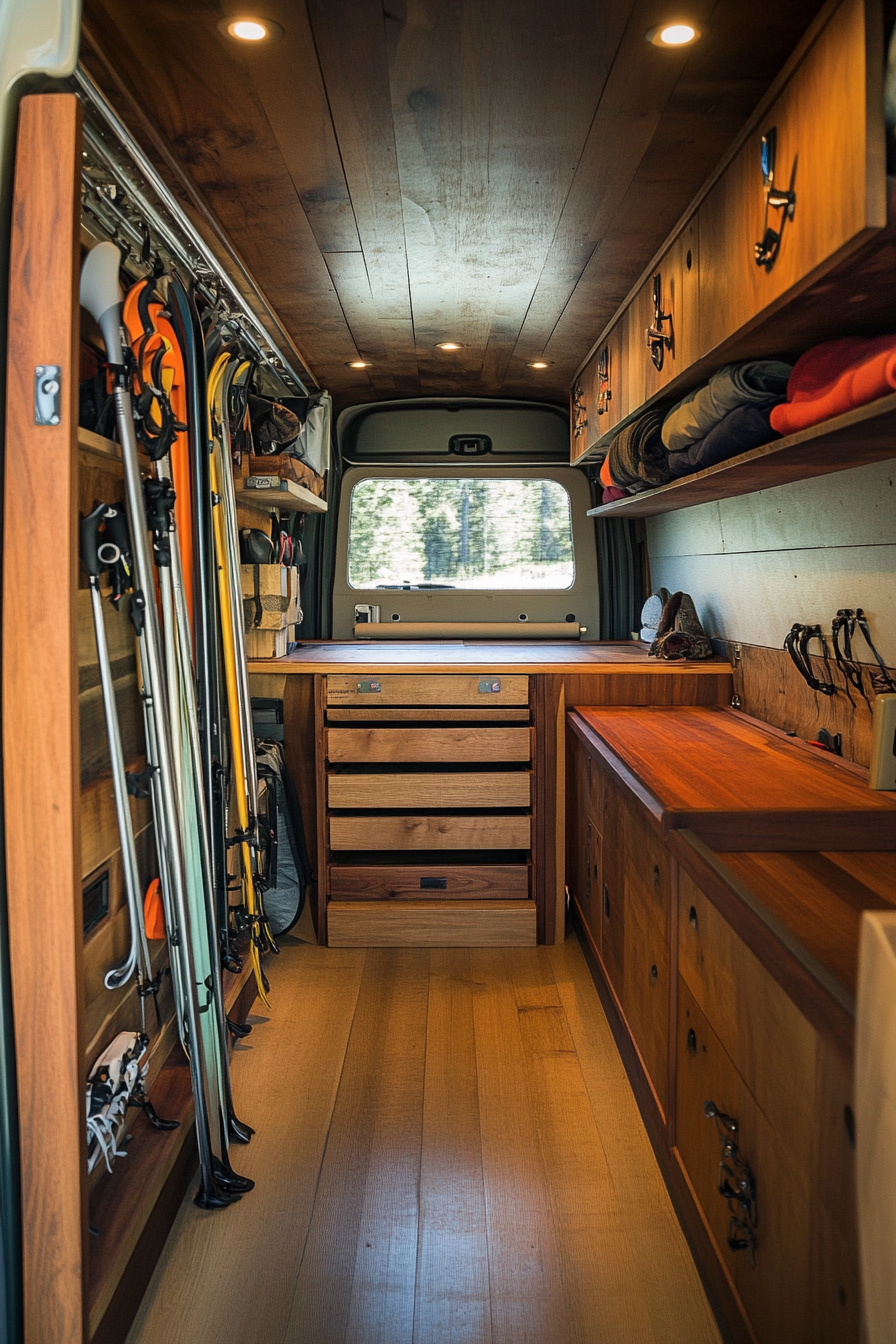 Adventure van storage space. Mahogany drying station with adjoining metal ski racks.