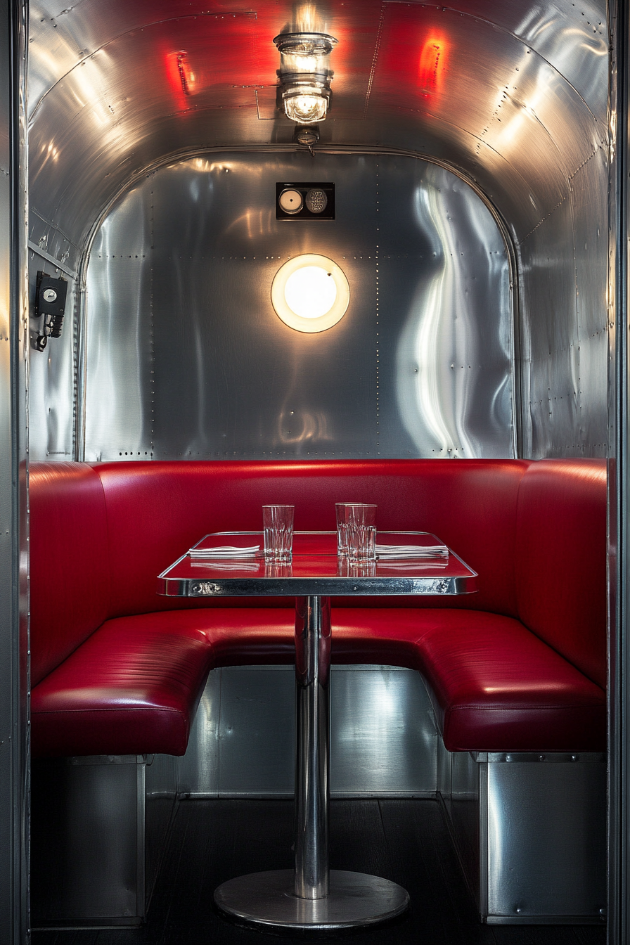 Vintage Airstream dining nook. Chrome finishes with a corner, red vinyl booth.