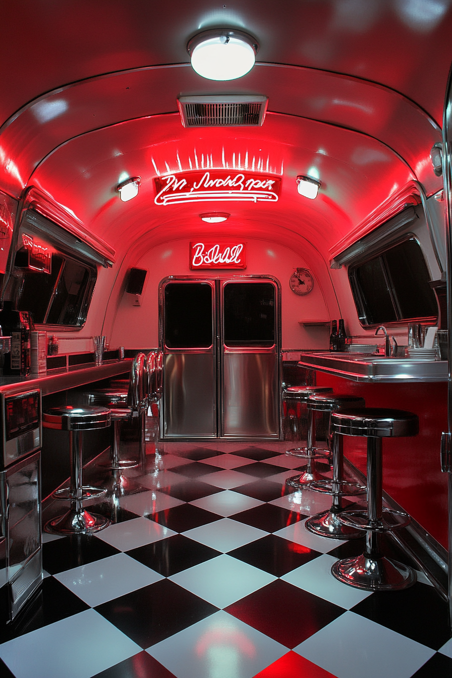 Retro-style camper dining space. Red neon sign, chrome diner stools, black and white checkerboard floor.