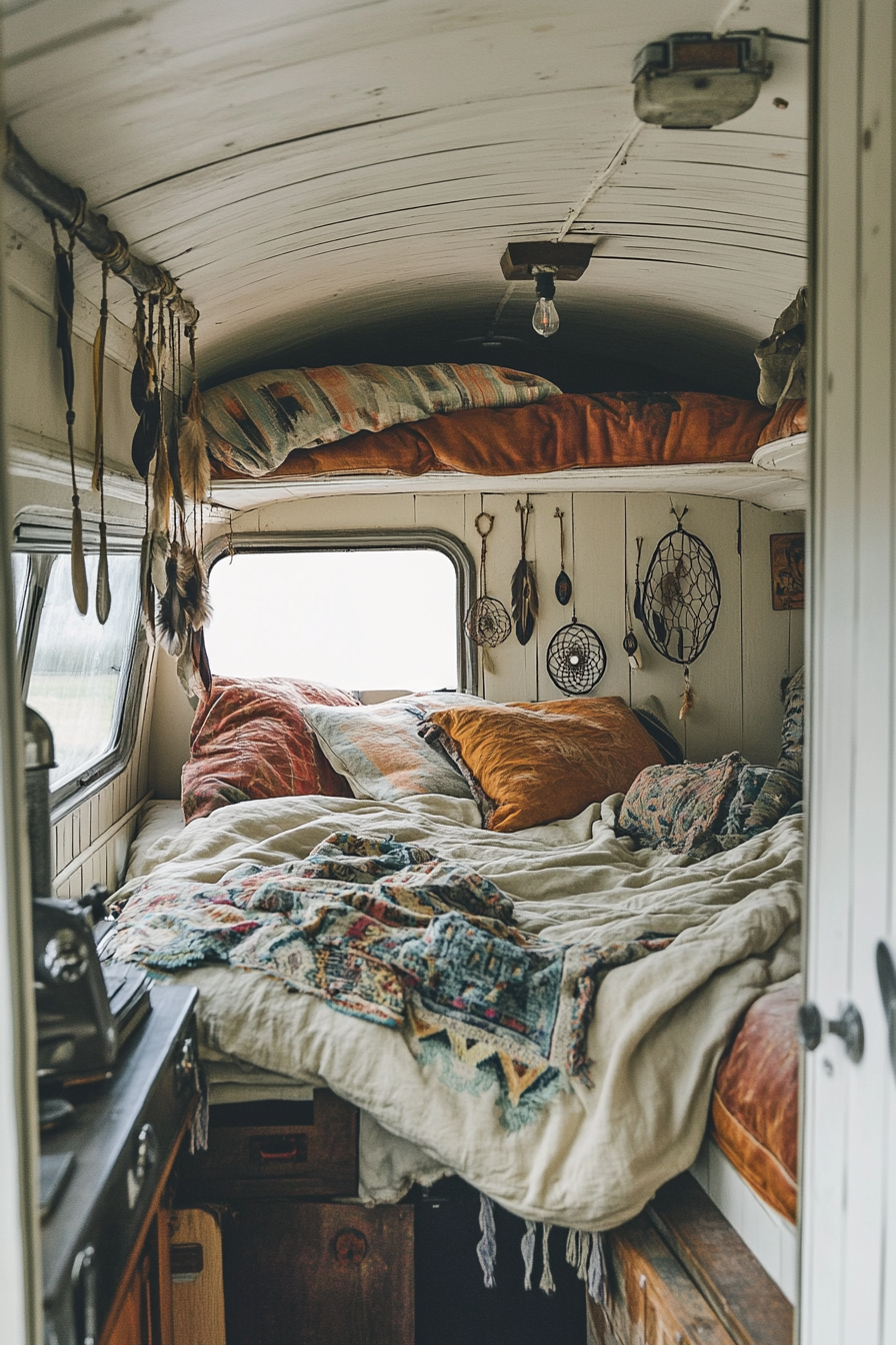 Van bedroom. Off-white beadboard walls, dreamcatchers, Navajo-inspired bedding, leather trimmings.