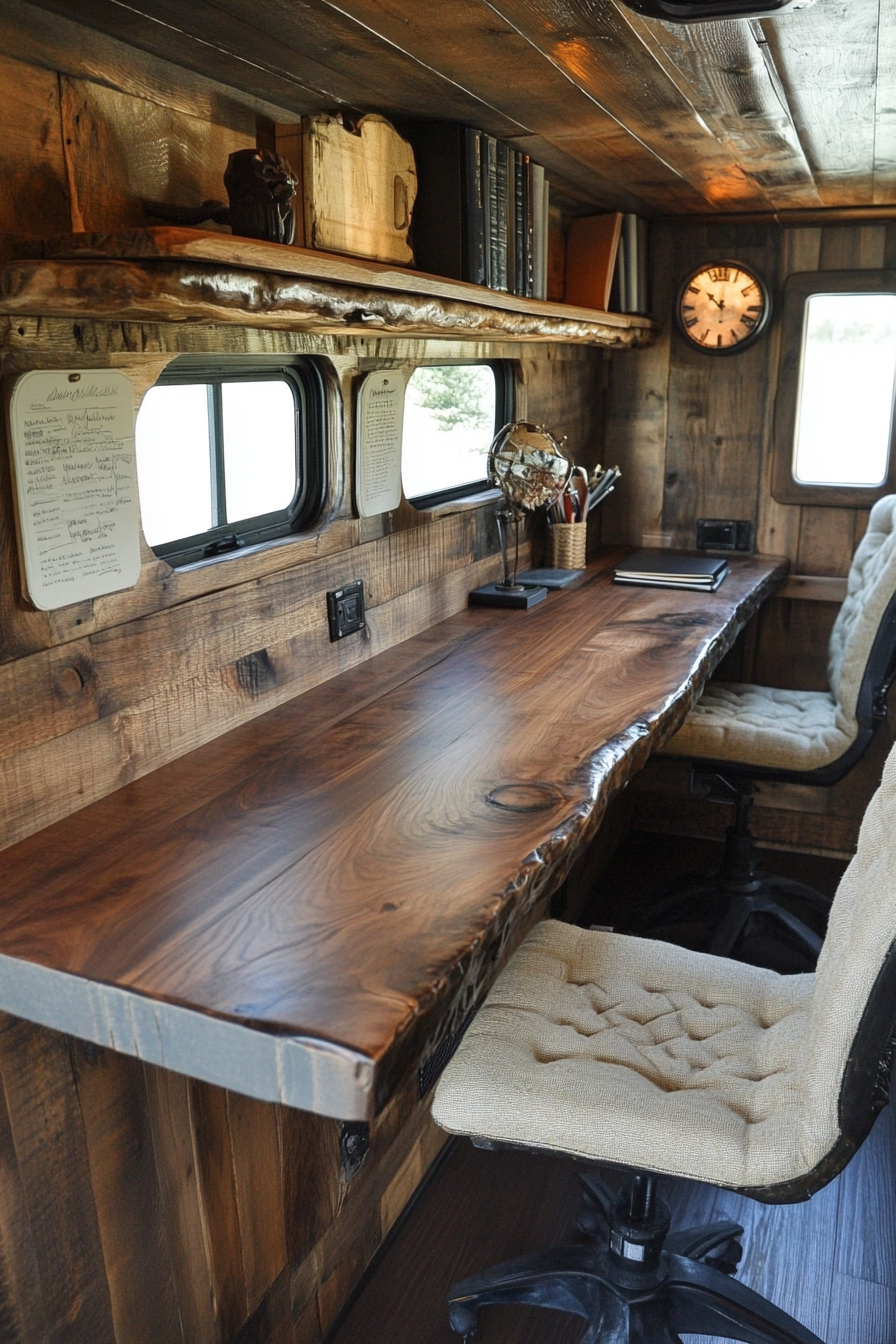 Sprinter Van Office. Salvaged wood desk with hemp upholstery.