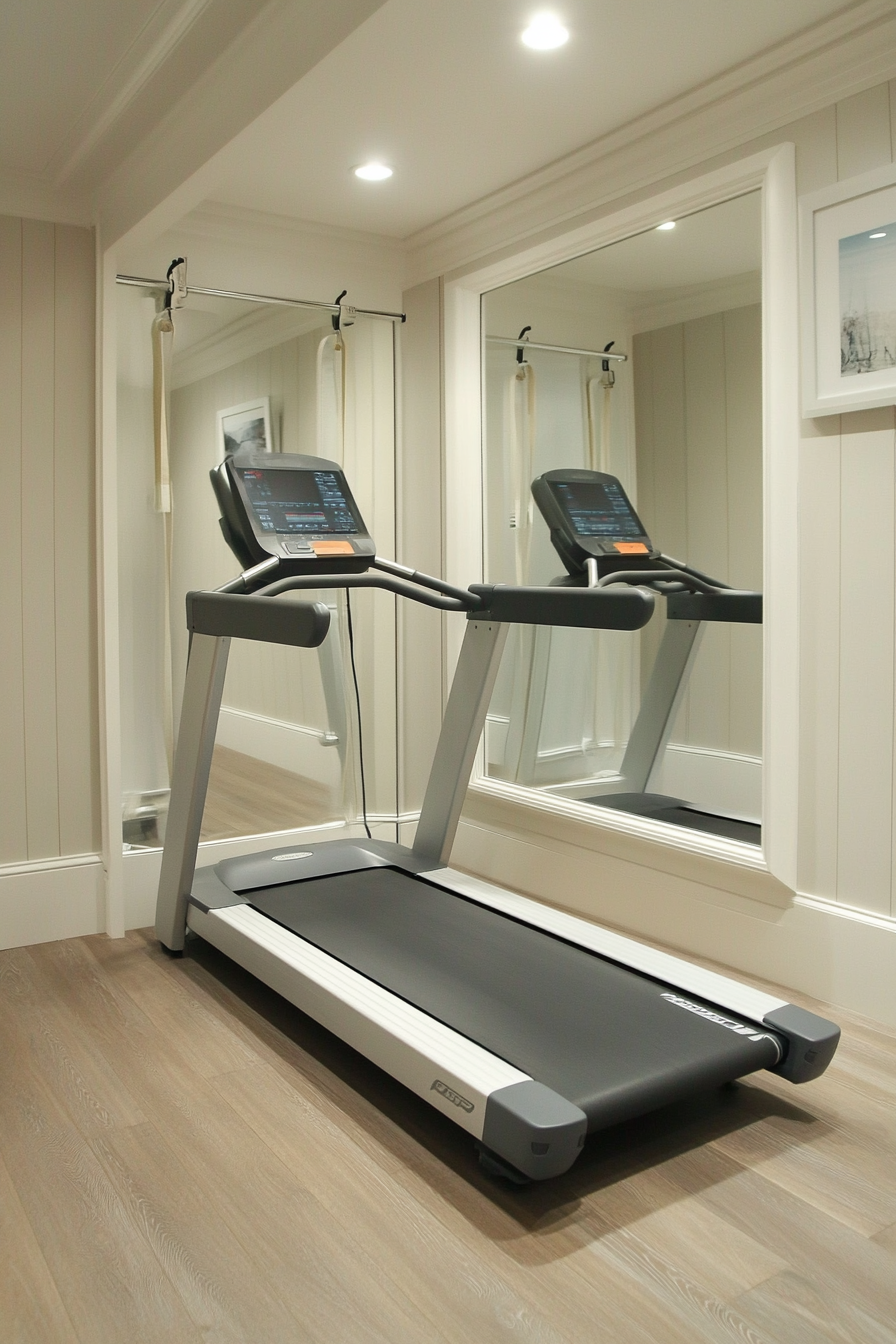 Exercise room. Wall-mounted mirror, white resistance bands, foldable treadmill.