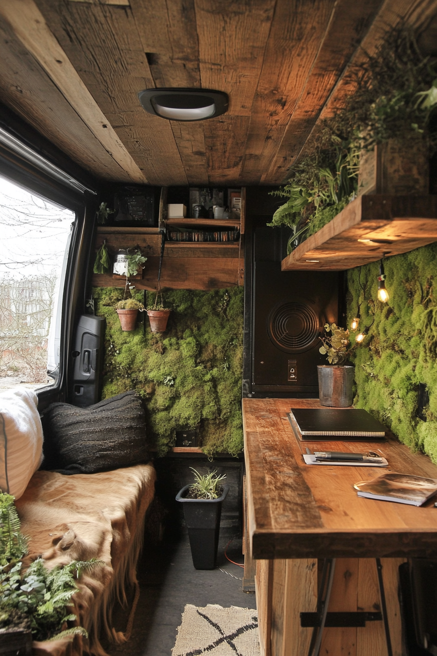 Van workspace. Wooden desk configuration against a moss wall with rooftop garden.