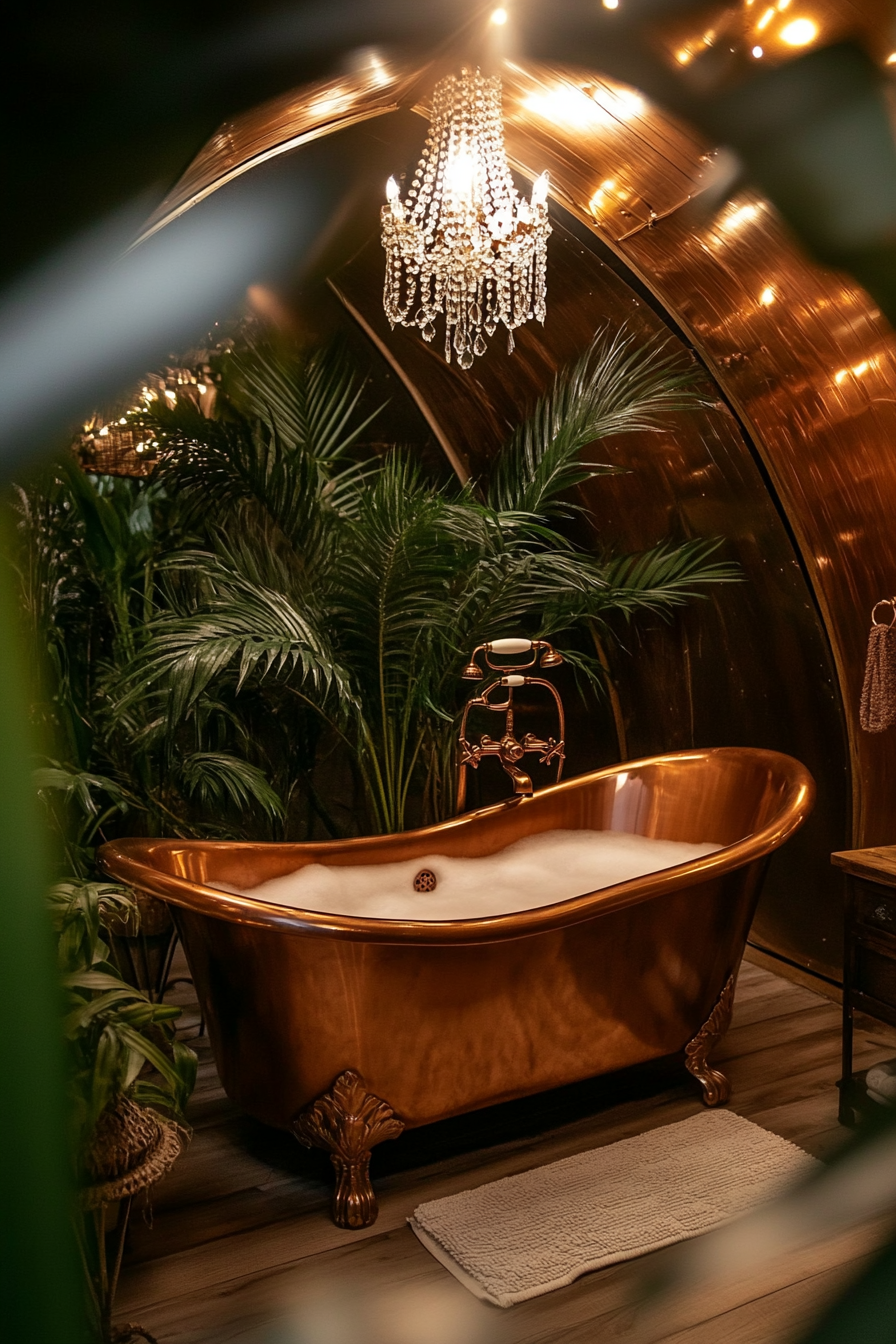 Luxury Glamping Bathroom. Copper slipper tub surrounded by indoor palm trees under a crystal chandelier.