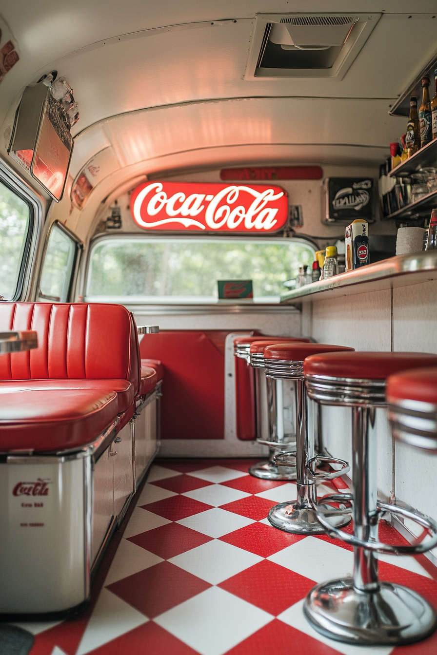 Retro-style camper dining space. Red checkerboard floor, vintage Coca-Cola neon sign, chrome barstools.