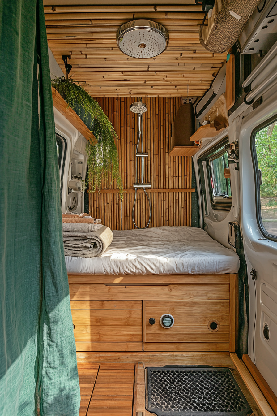 Open-concept van shower space. Bamboo screen, teak platform, round rain shower head.