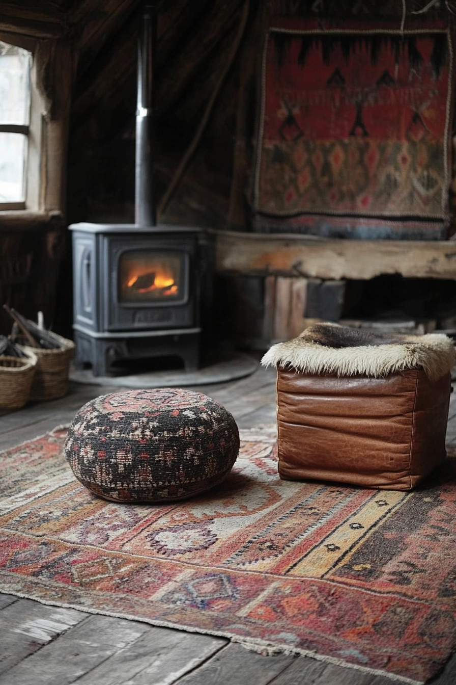 Rustic yurt living space. Wood-burning stove, handmade tribal rug, fade leather pouf.