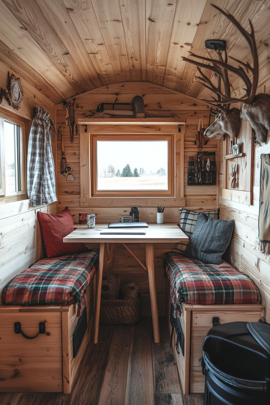 Alpine tiny house office. Pine desk with plaid cushions and antler hooks.