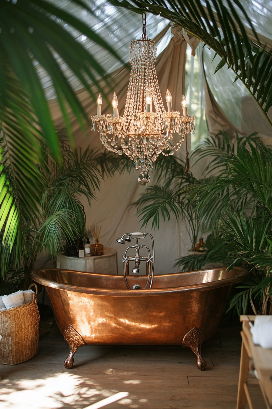 Luxury Glamping Bathroom. Victorian copper tub beneath glass teardrop chandelier with tall exotic indoor palms.