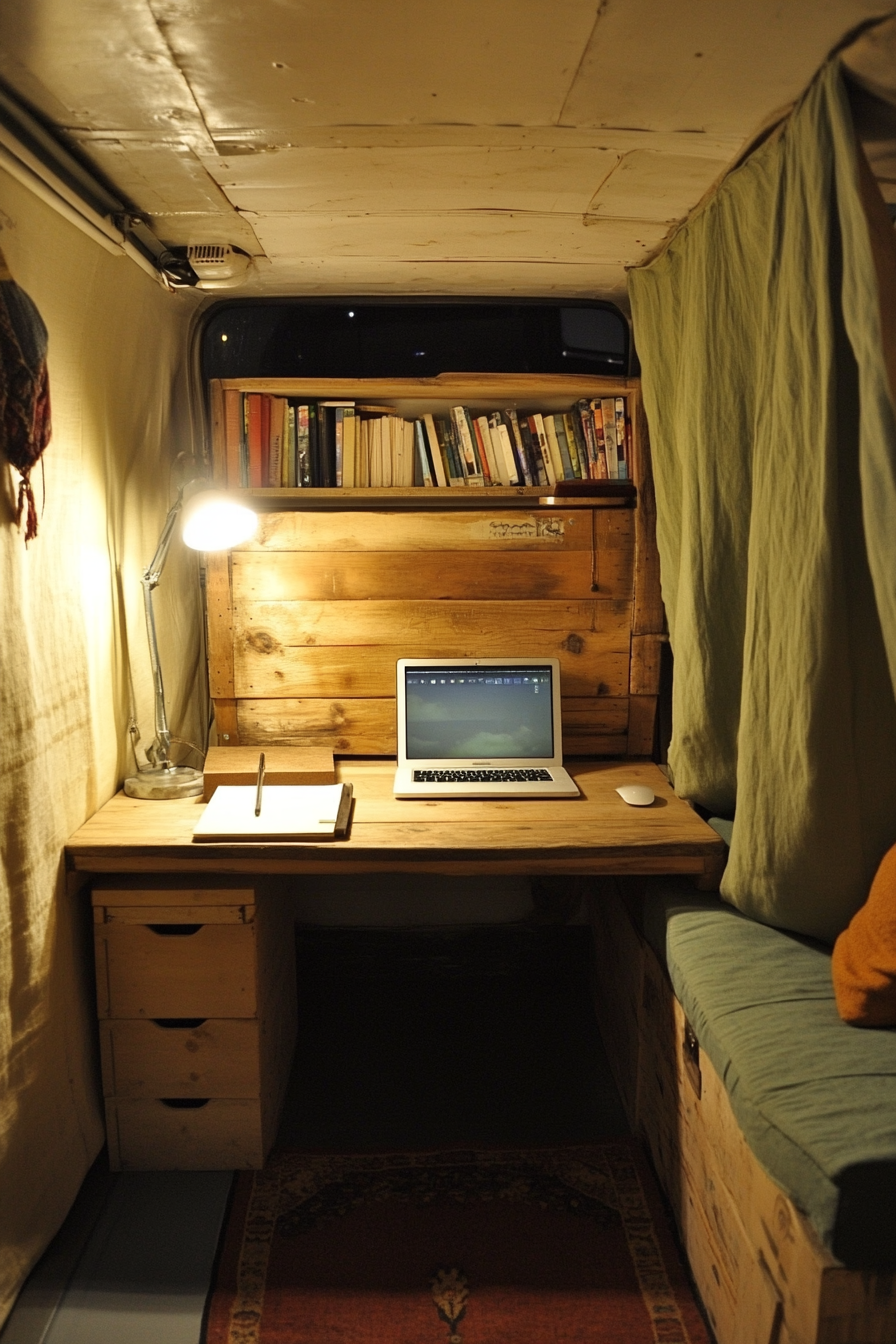 Sprinter van office space. Recycled wood desk, hemp curtains, solar-powered lamp.