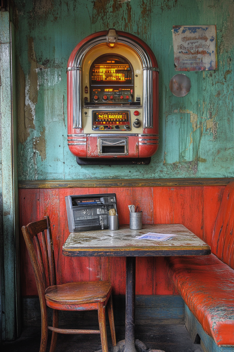 table and jukebox in corner.