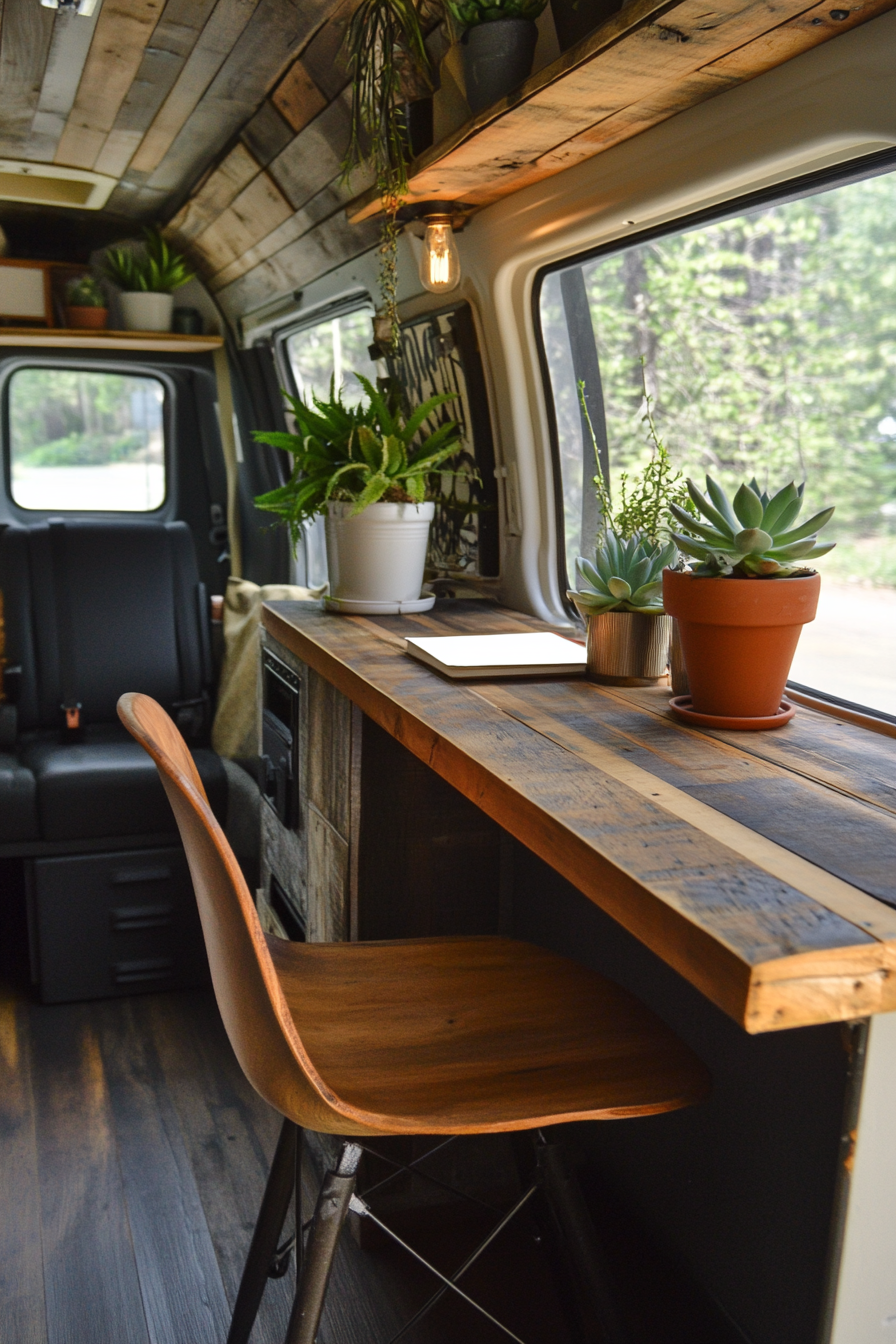 Sustainable Sprinter Van Office Space. Reclaimed woodloe desk with two potted succulents.