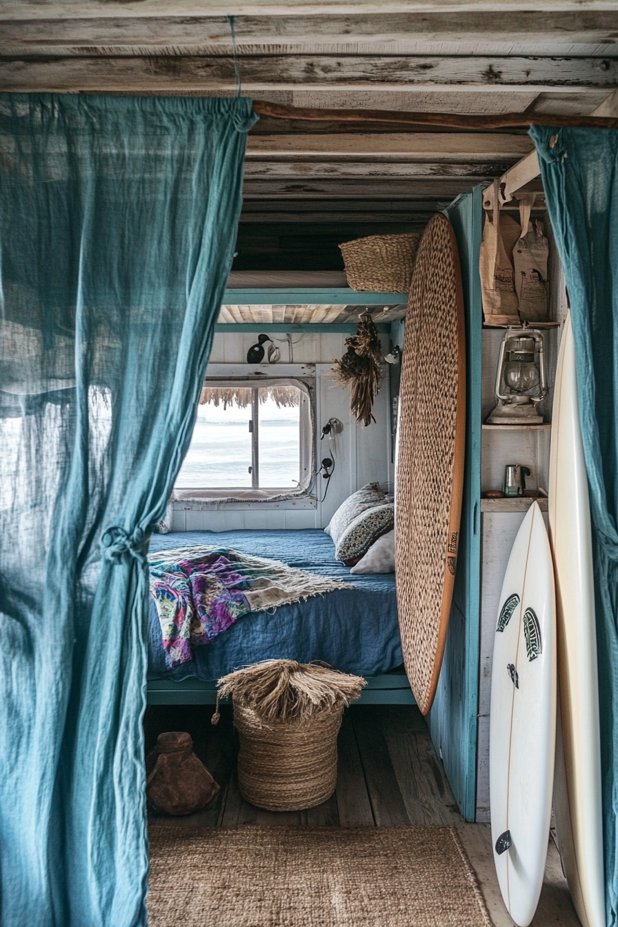 Surf-style van bedroom. Blue curtains, jute netting, surfboard rack.