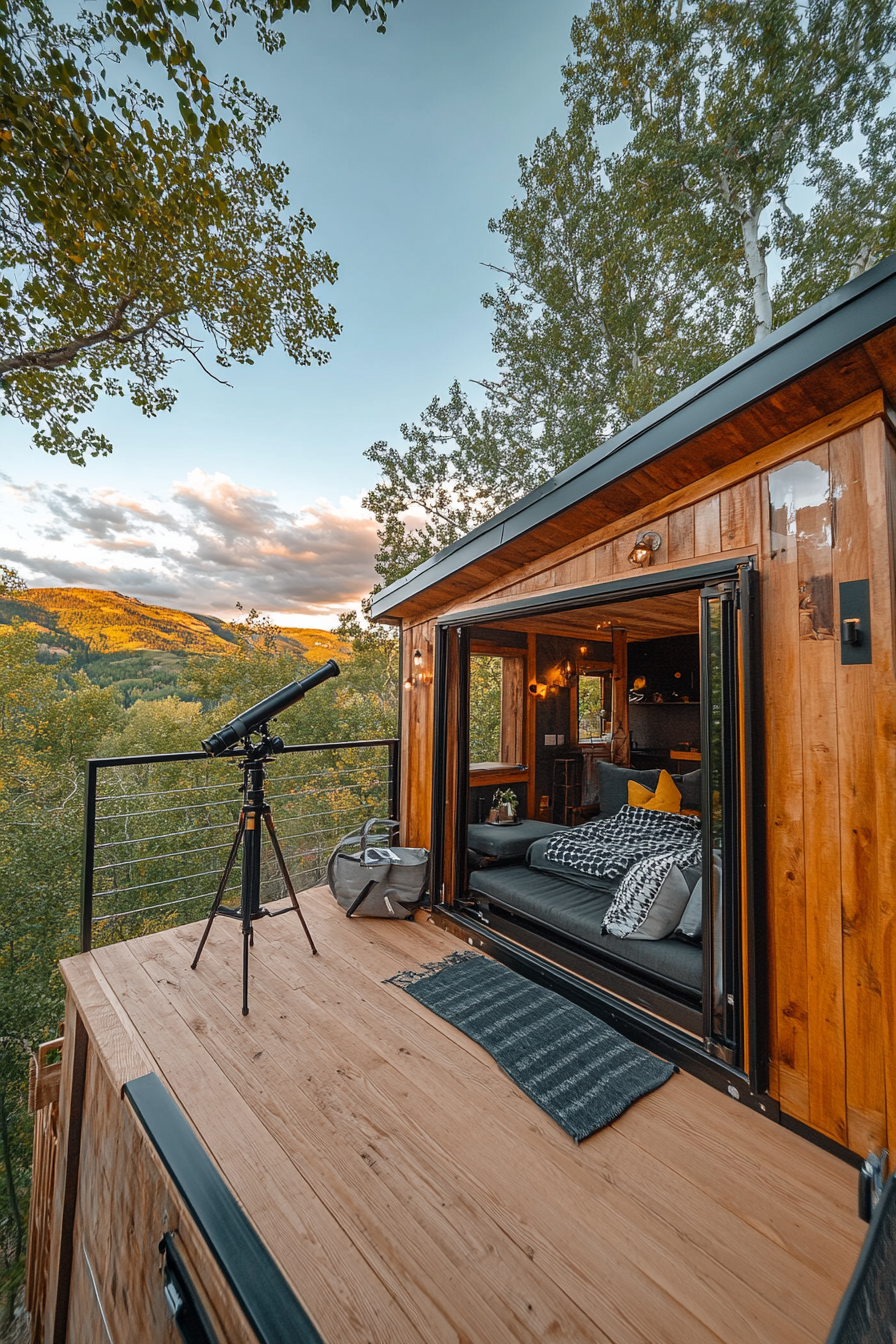 Alpine tiny house deck. Fold-down railings and telescope.