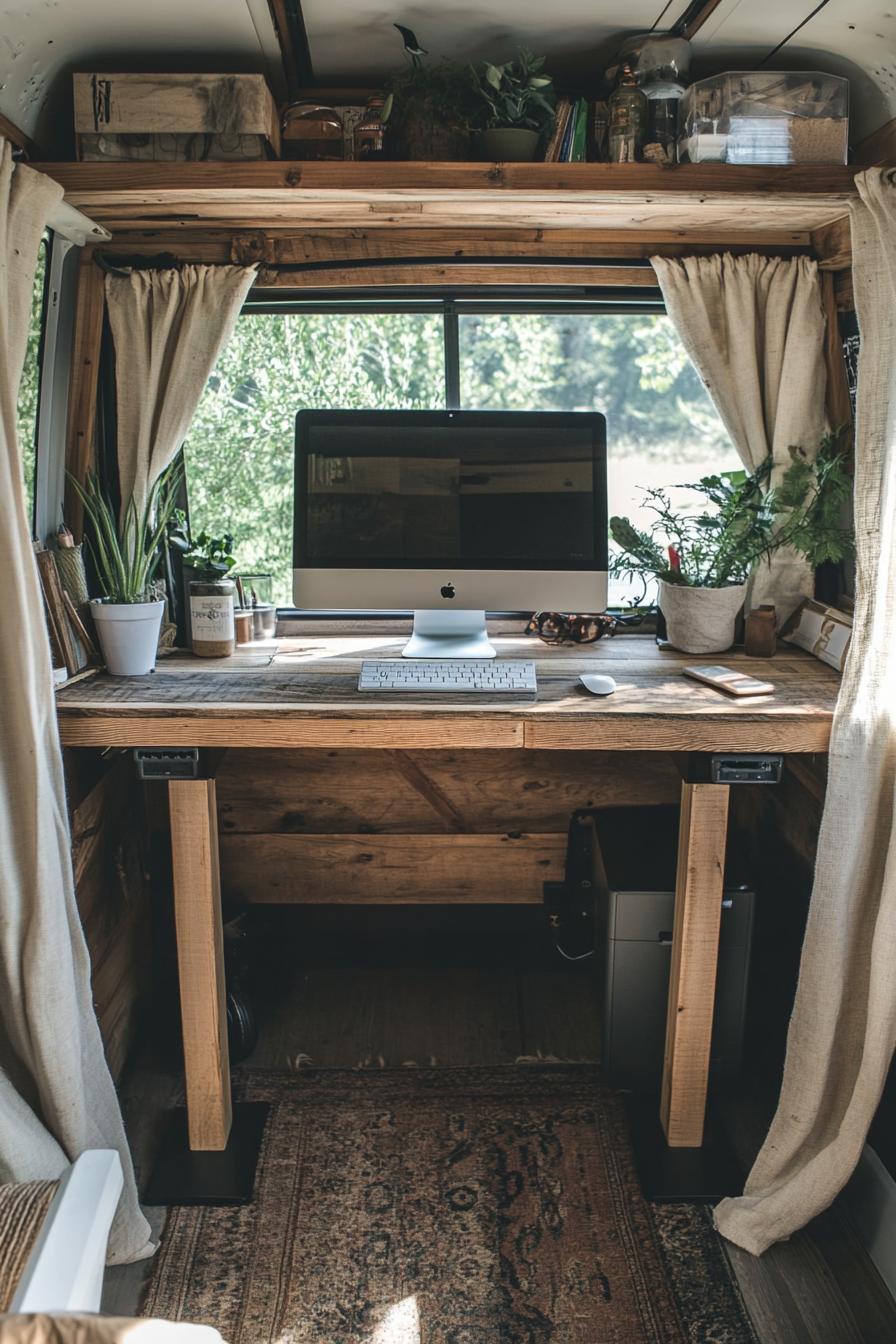 Sprinter van office space. Salvaged wood standing desk, hemp curtains.