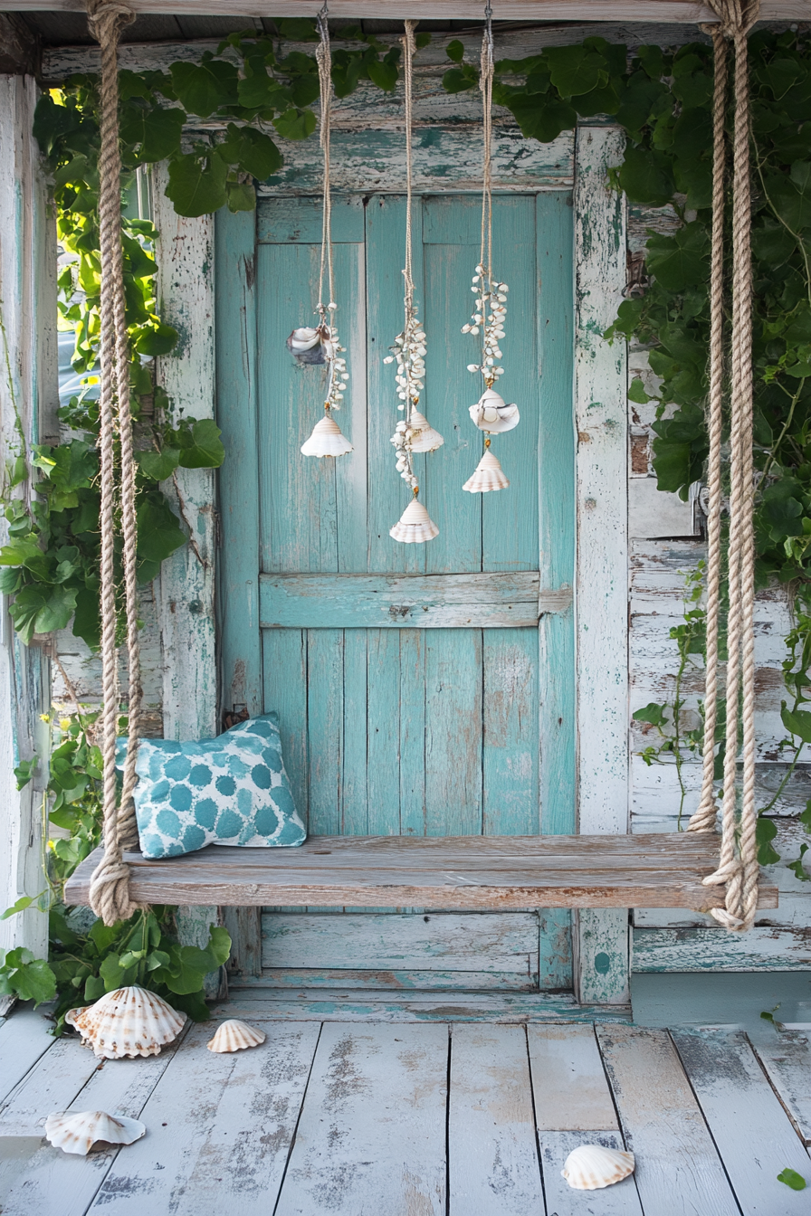 Tiny coastal-style porch. Rope swings from weathered wood, adorned with shell wind chimes.