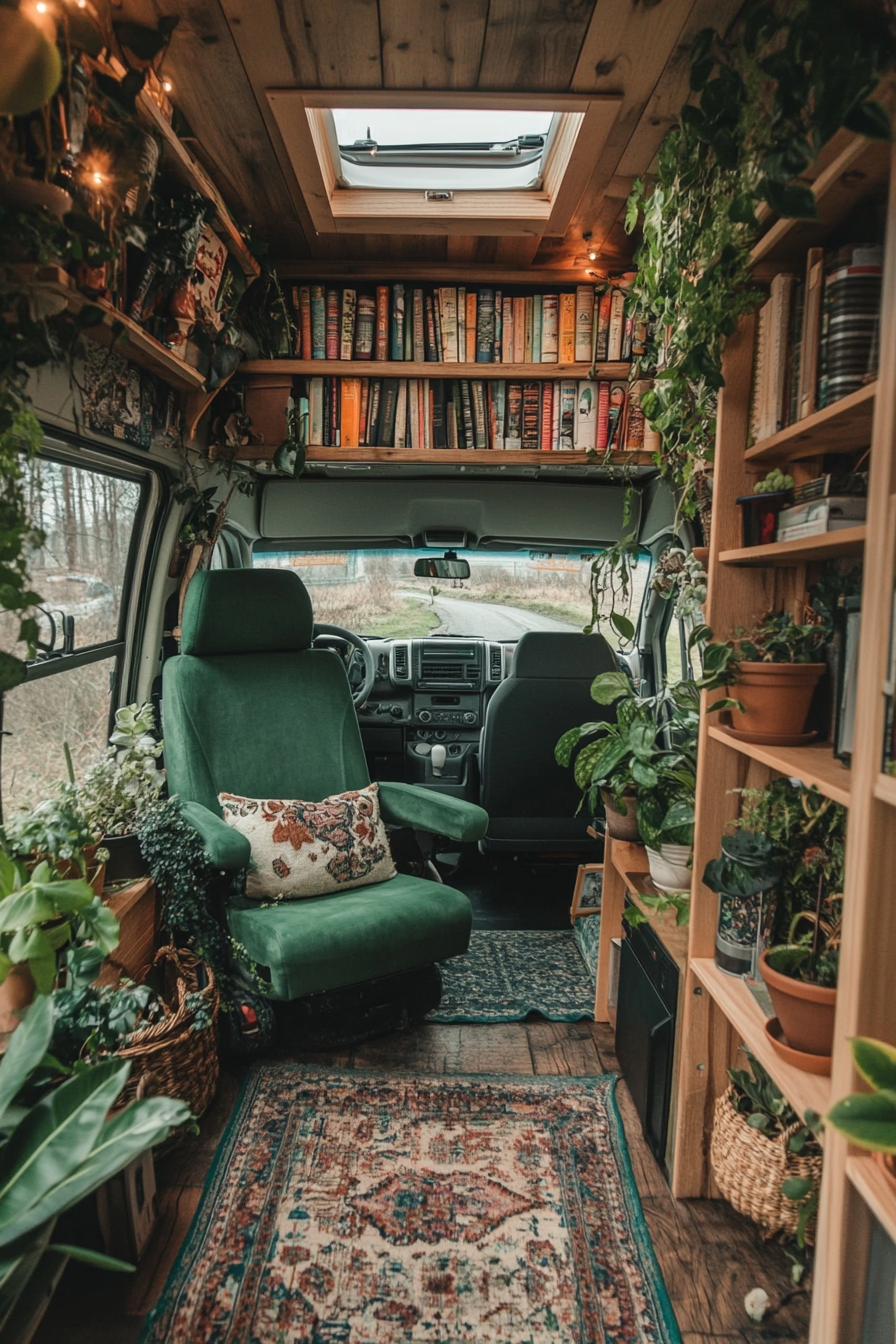 Biophilic van workspace. Blooming greenoke skyline complete with forest green chair and pine bookshelves.