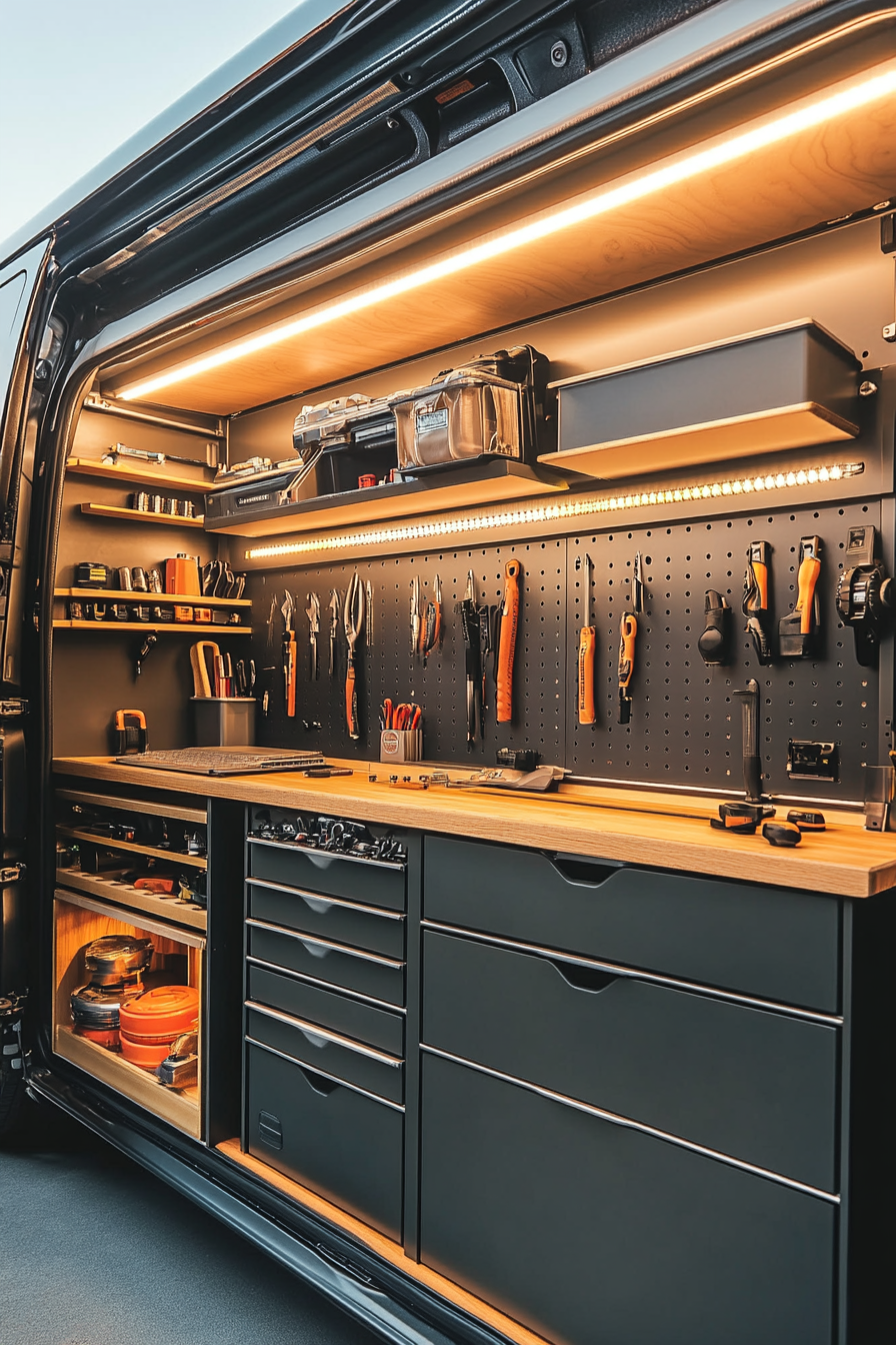 Van workshop. Oversized tool wall with adjustable shelves, roll-out drawers and integrated lighting.