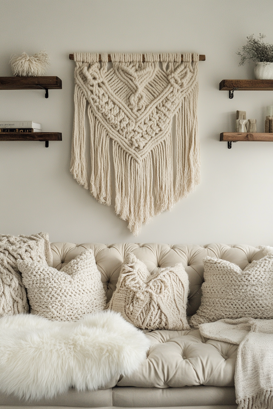 Living room. Macramé wall art, shelves and sheepskin throws on cream tufted couch.