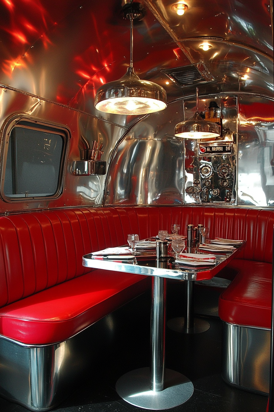 Airstream dining nook. Chrome finishing, red vinyl booth, and formica countertop.