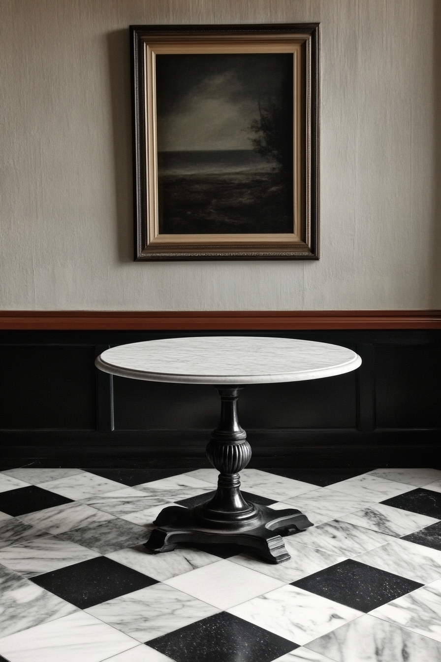 table, and black and white checkered floor.