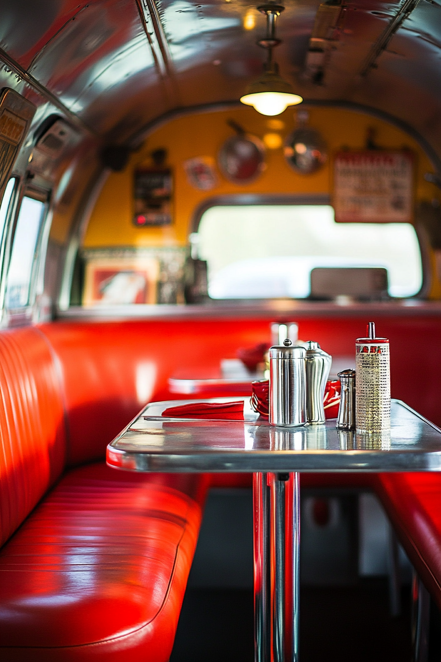 Vintage Airstream dining nook. Chrome finished table amidst red vinyl booth and formica accessories.