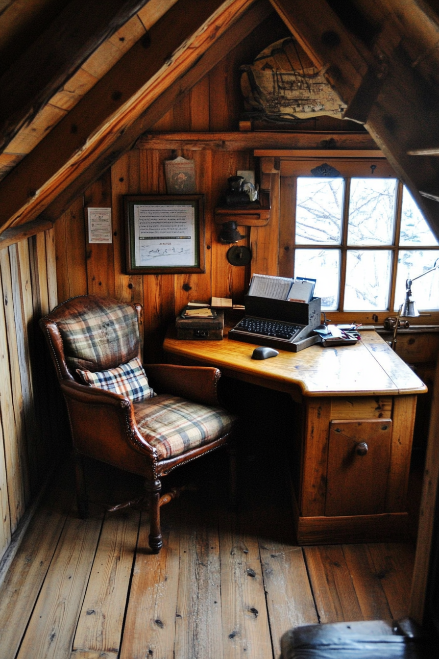 Tiny Alpine office. Pine desk paired with buttery leather chair and plaid cushions.