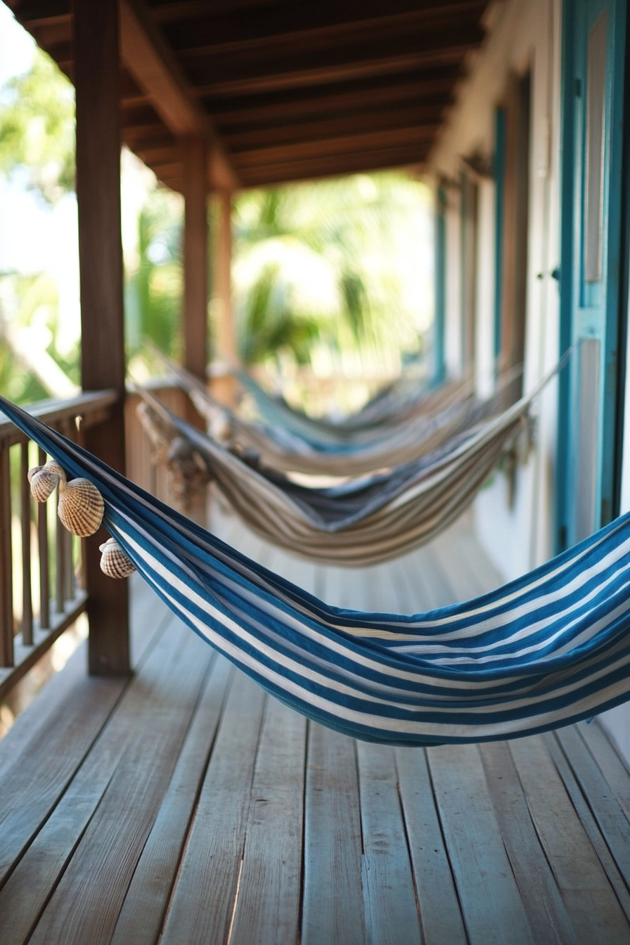 Tiny porch design. Blue and white striped hammocks, distressed oak flooring, seashell wind chimes.