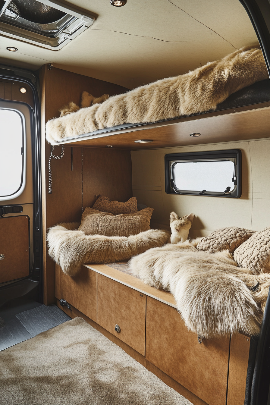 Camper lounge. Brown scratch-resistant seats and concealed litter zone with fluffy beds.