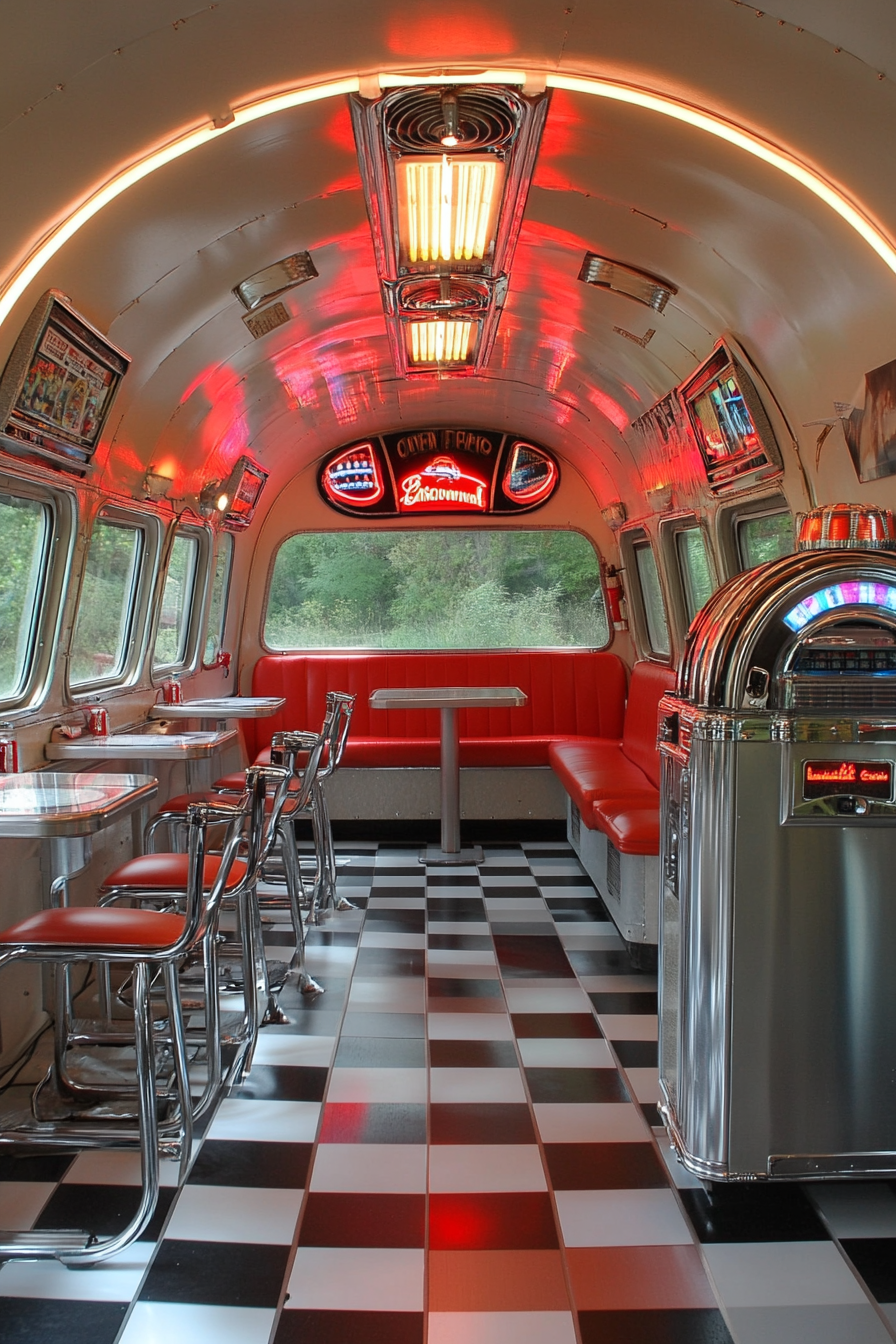 Retro-style camper dining space. Checkerboard flooring, neon-edged jukebox, and silver metal chairs.