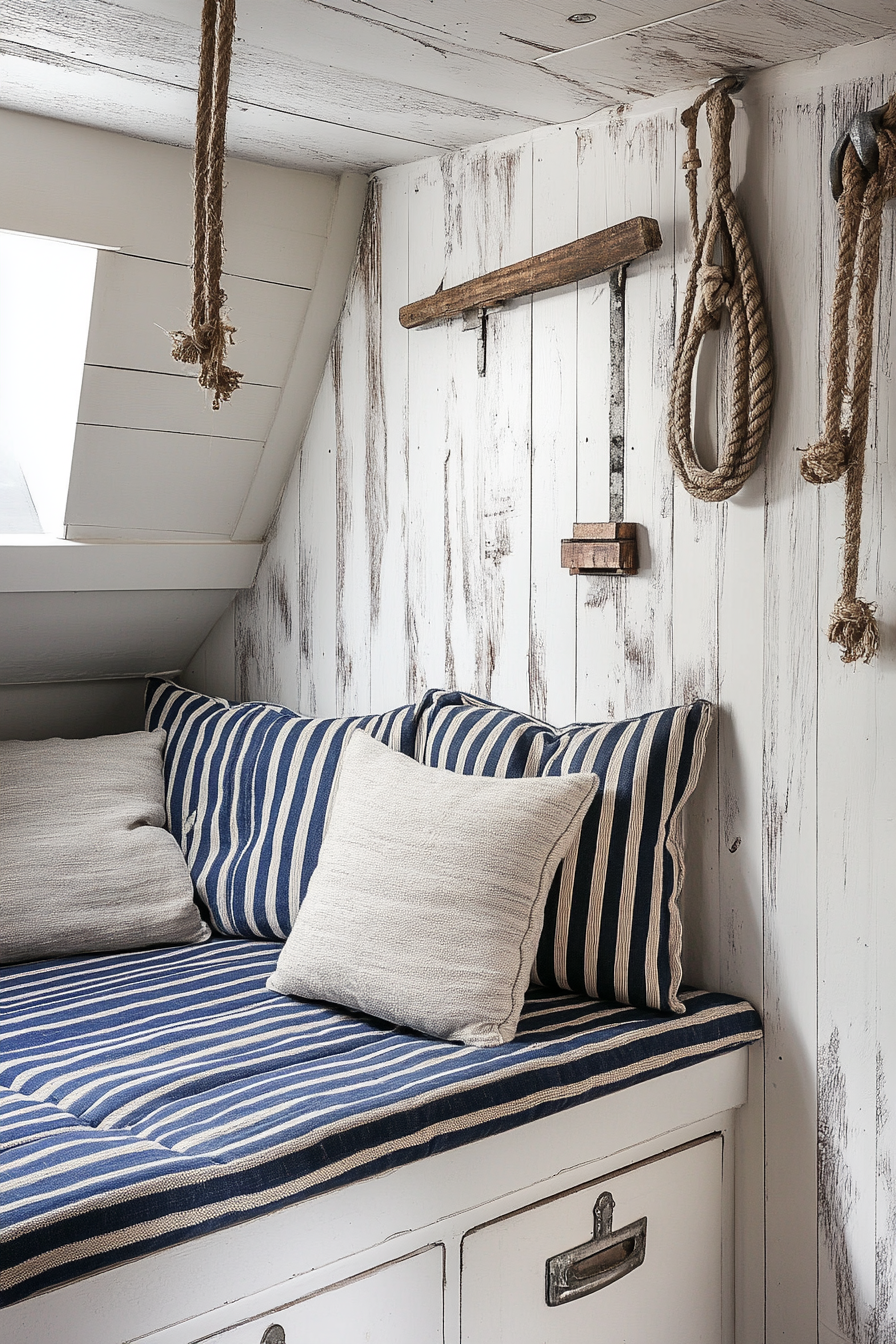 Camper living area. Whitewashed walls, blue-striped marine cushions, rope-handled drawers.