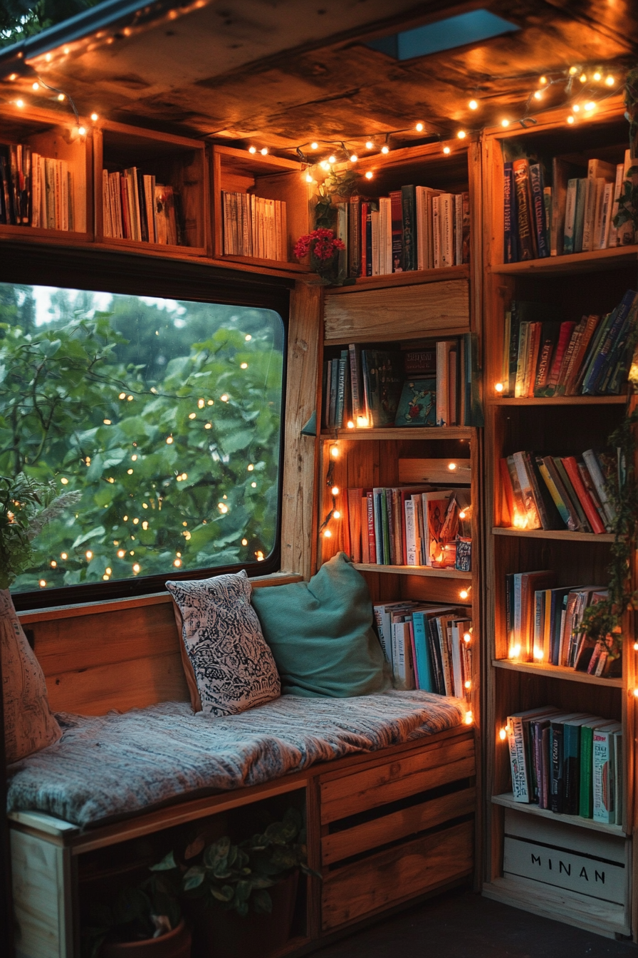 Eco-friendly van reading corner. Wooden crates for books storage lit with warm-toned fairy lights.