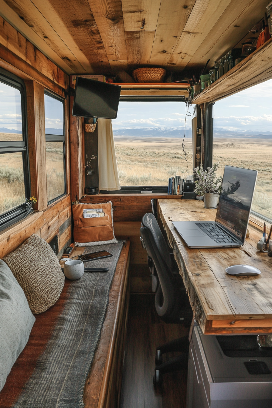 Sprinter Van Office Space. Recycled wood desktop, hemp upholstery, vast glass windows.