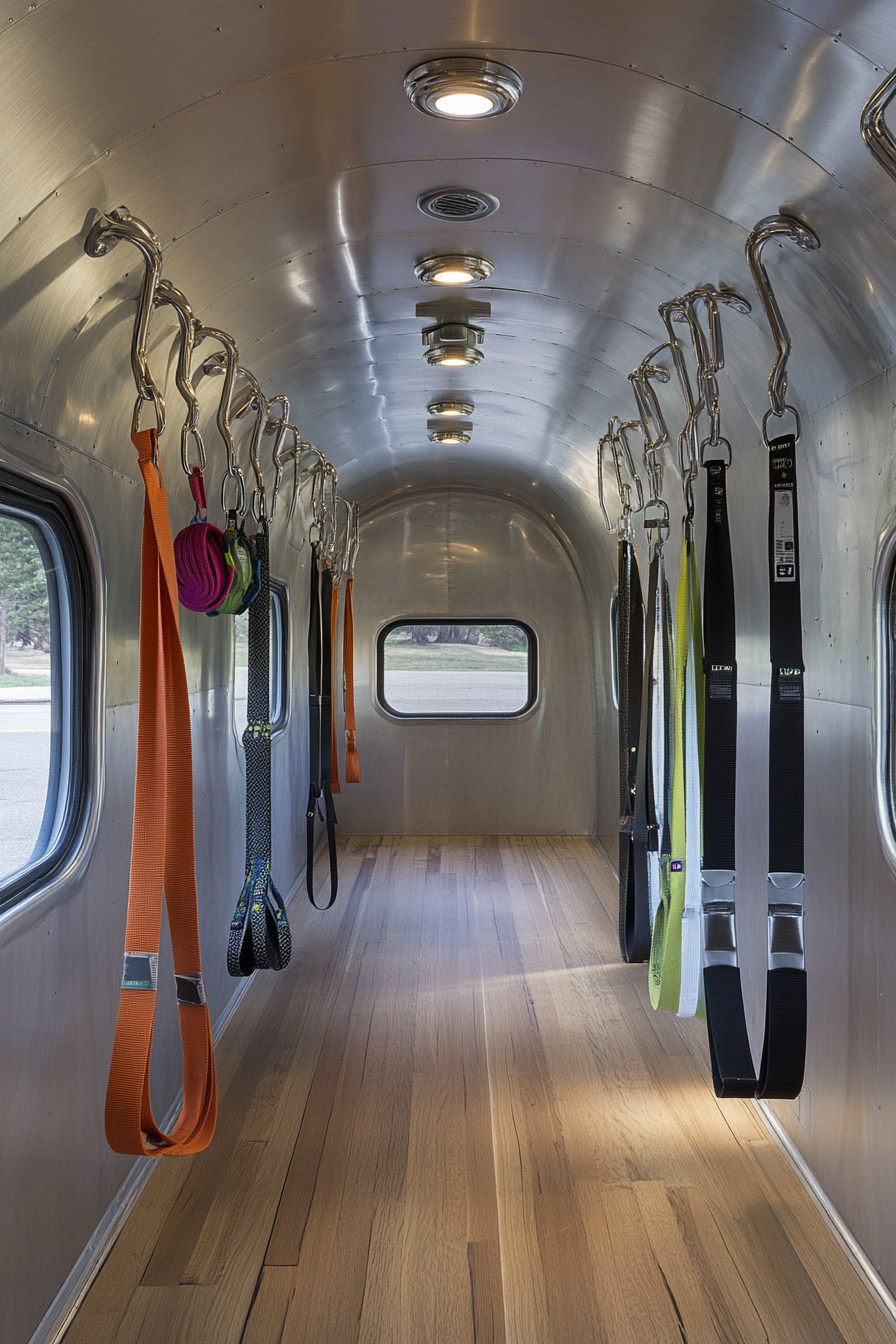 Camper exercise room. Resistance bands dangling from minimalist metallic wall hooks.