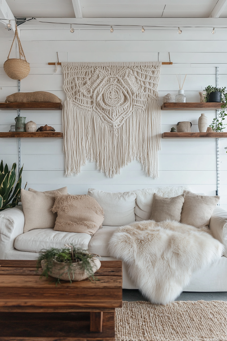 Camper living room. Macramé wall art, sheepskin throw, wooden shelves.