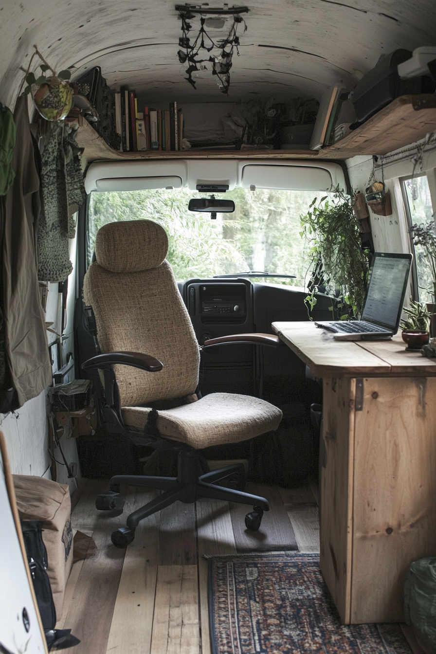 Sprinter van office space. Bamboo floors, hemp upholstered swivel chair, recycled wooden desk.