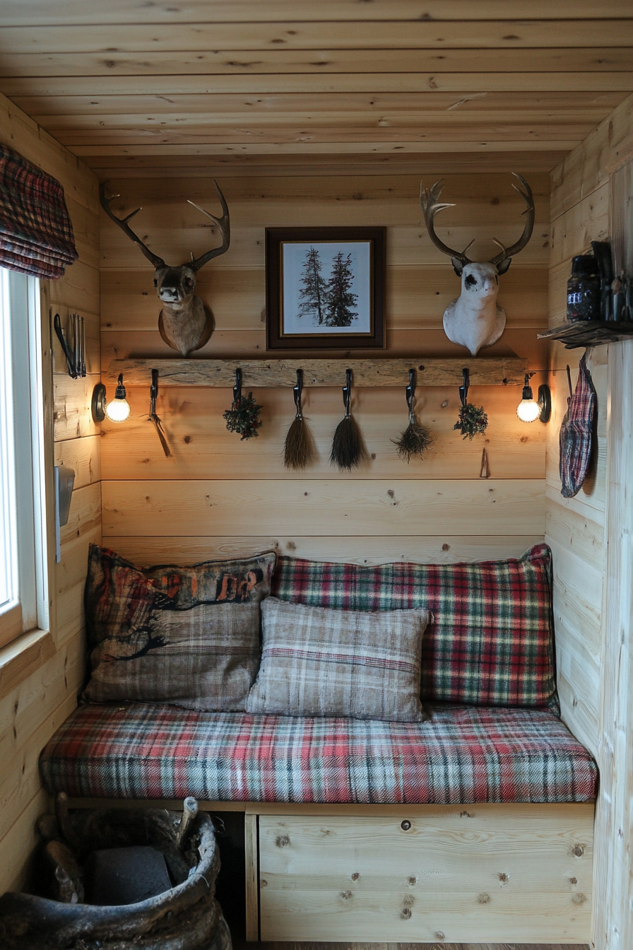 Alpine tiny house office. Pine desk alongside antler hooks and plaid cushions.