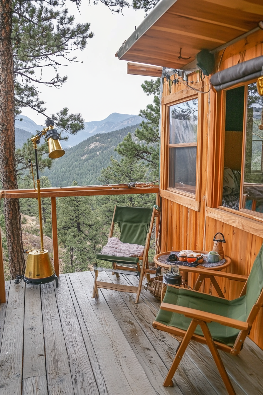 Alpine tiny house deck. Folded railing, brass telescope mount, olive green camping chairs.