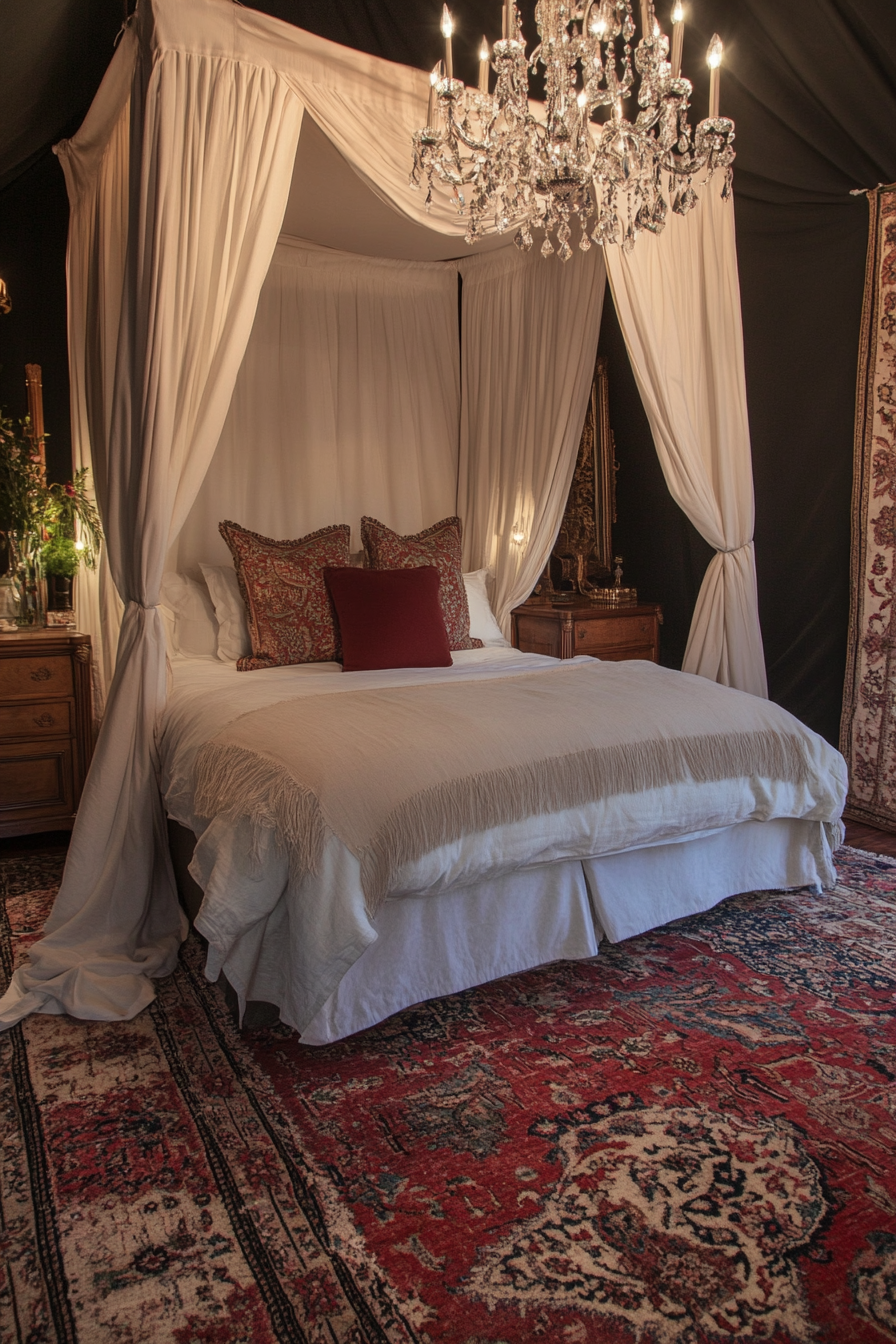 Luxury glamping tent suite. Canvas walls, Persian rugs, crystal chandelier, oak furniture, white canopy bed.