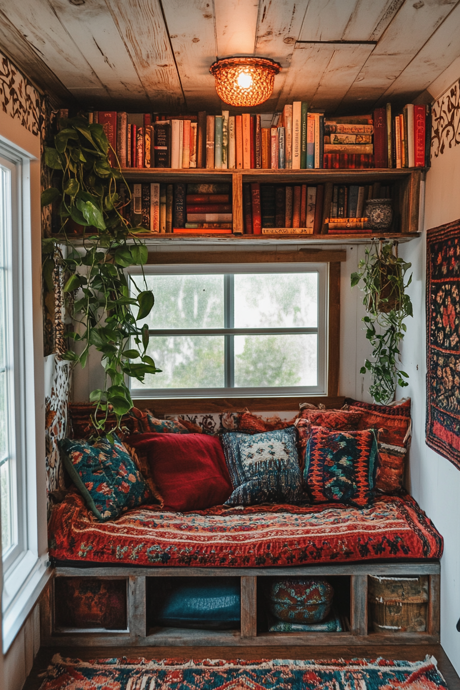 Bohemian Tiny House Library. Hanging plants on distressed wood floating shelves nearby Moroccan floor cushions.