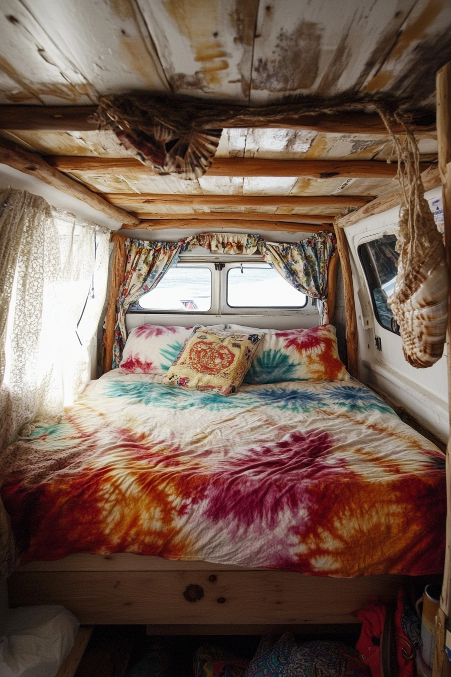 Surf-style van bedroom. Driftwood frame, tie-dye sheets, hanging puka shell curtain.